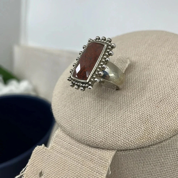 Vintage Sterling Silver Jasper Ring with Ornate Beaded Setting – Size 6.75 - Picture 3 of 14